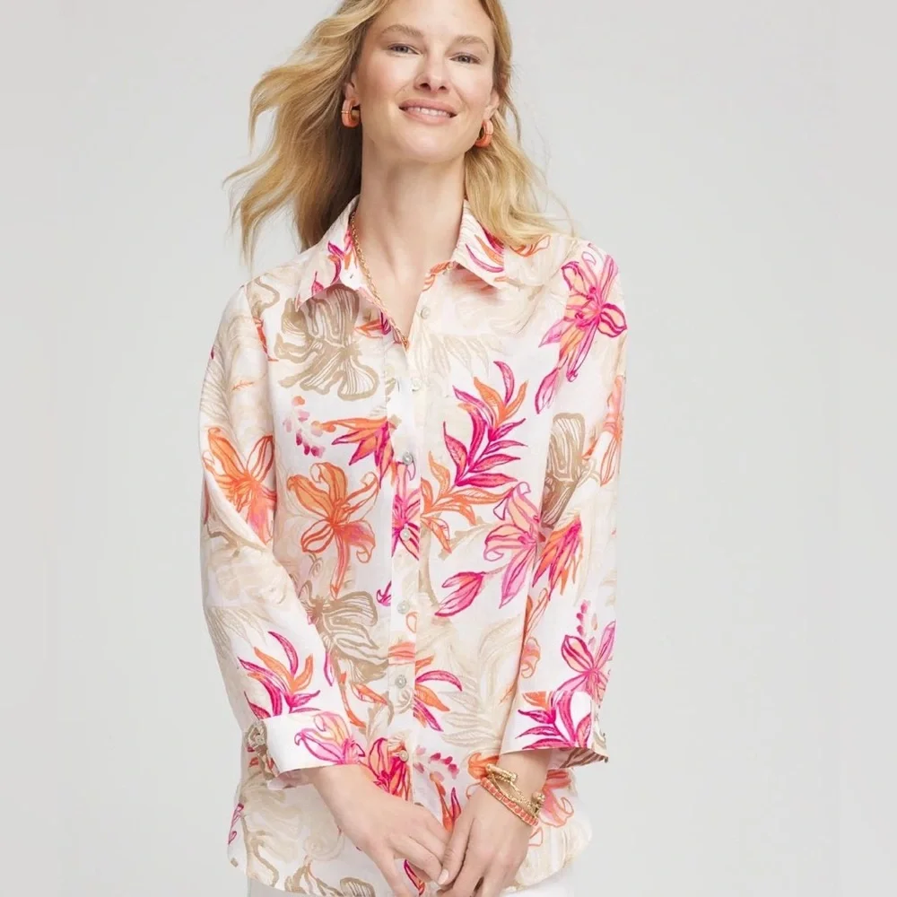 NWOT Chico’s Linen Floral Blouse 1.5 US 10 Multicolor Button Up Shirt Summer - Picture 3 of 10